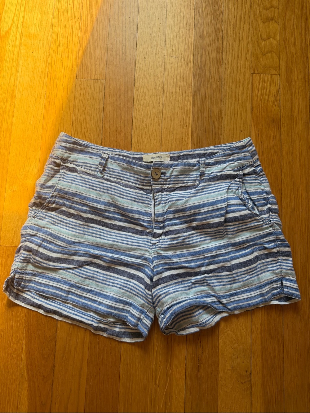 British Khaki Women Blue Stripe 100% Linen Sz 4Pocket Chino Summer Casual Shorts